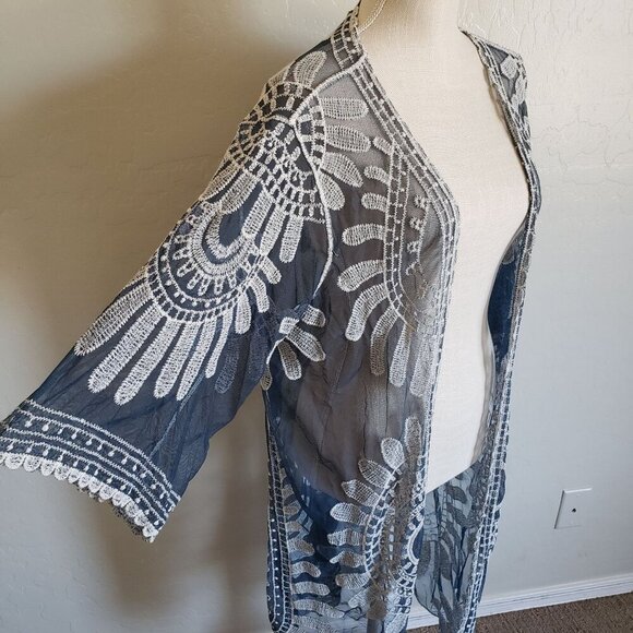 Rebellion Again Mesh Crochet Lace Open Kimono Cover Up Blue Size L Beachy Boho - Picture 5 of 11